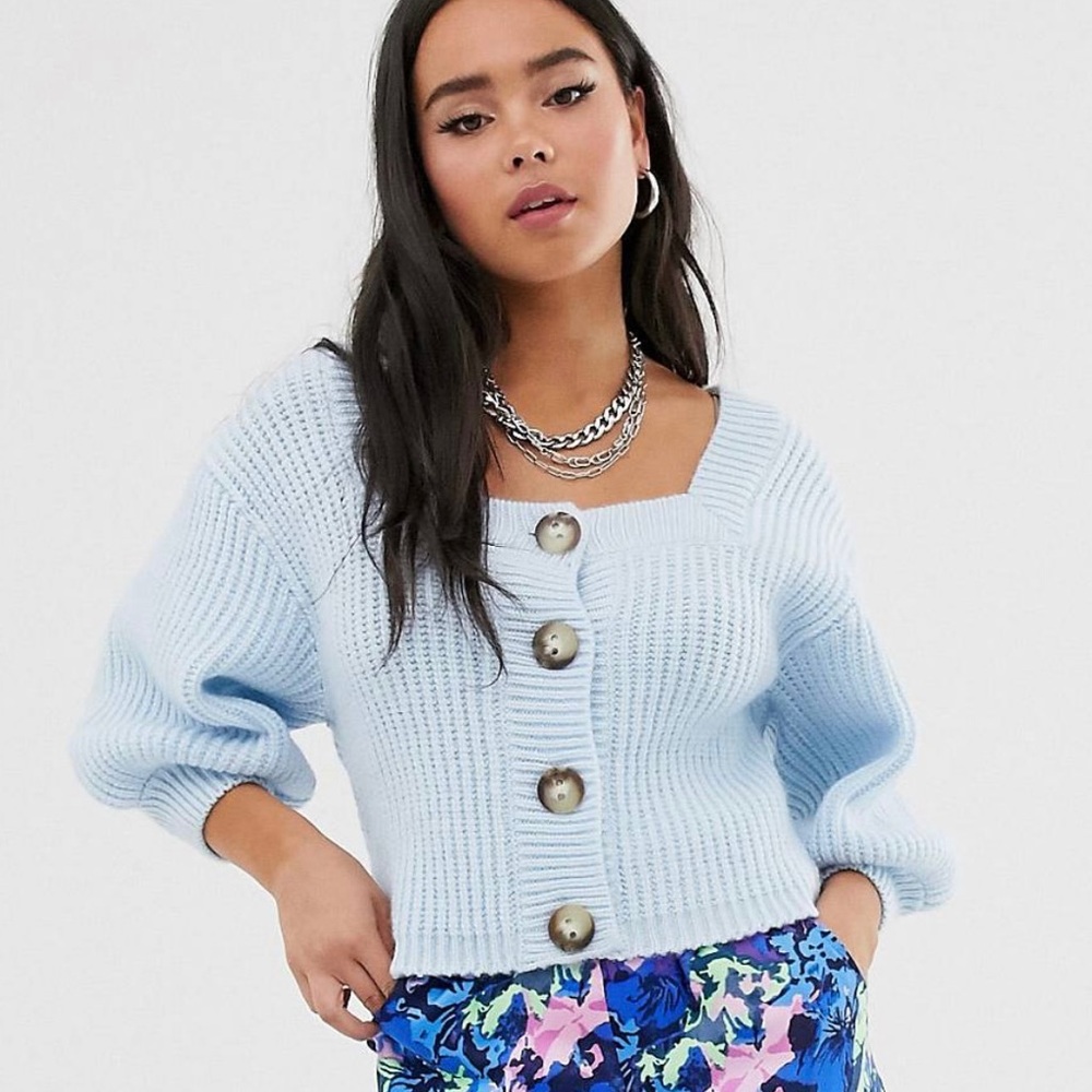 ASOS Design Light Blue Square Neck Volume Sleeve Button Front Sweater